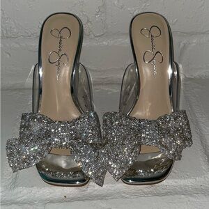 Jessica Simpson Silver Sparkly Crystal Bow Slide Sandals